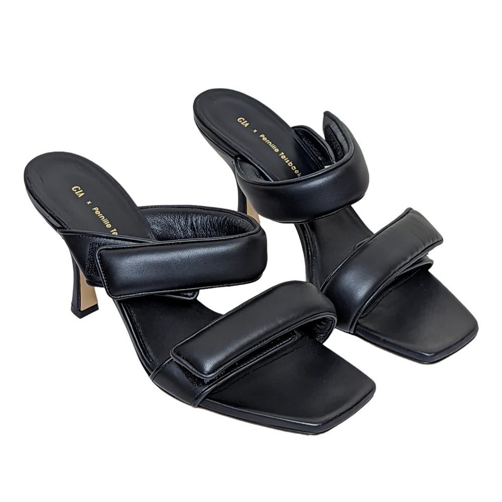 New GIA Borghini Pernille Teisbaek Black Perni Leather 2 Straps Slide Heel 10 - Picture 1 of 13